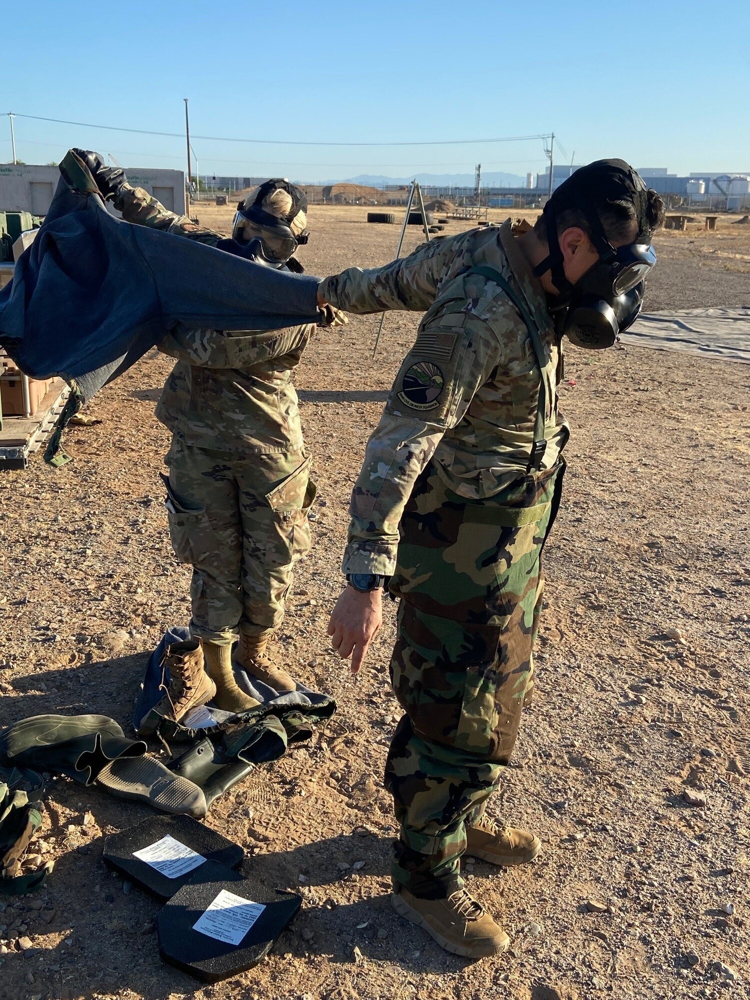 U.S. Air Force Reserve Citizen Airmen perform chemical decontamination procedures during the final exercise of the 944th Fighter Wing’s Mission Ready Airman Academy at Luke Air Force Base, Ariz., April 6, 2025. The academy earned the approval stamp to certify its course as an Advanced Ready Training Core by Air Education and Training Command making the 944th Fighter Wing the second wing in the Air Force to have a wing-level certified ART-CORE course. (U.S. Air Force photo)