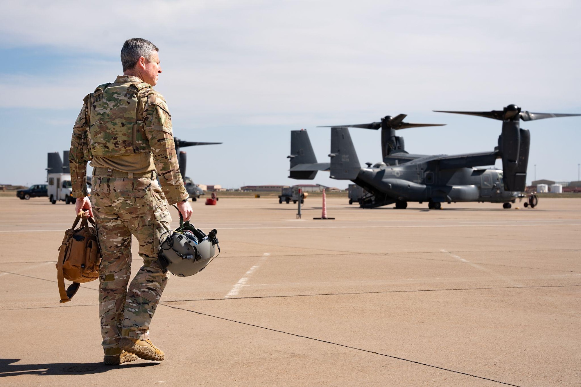 U.S. Air Force Lt. Gen. Michael Conley, commander of Air Force Special Operations Command, walks to a CV-22 Osprey at Cannon Air Force Base, New Mexico.