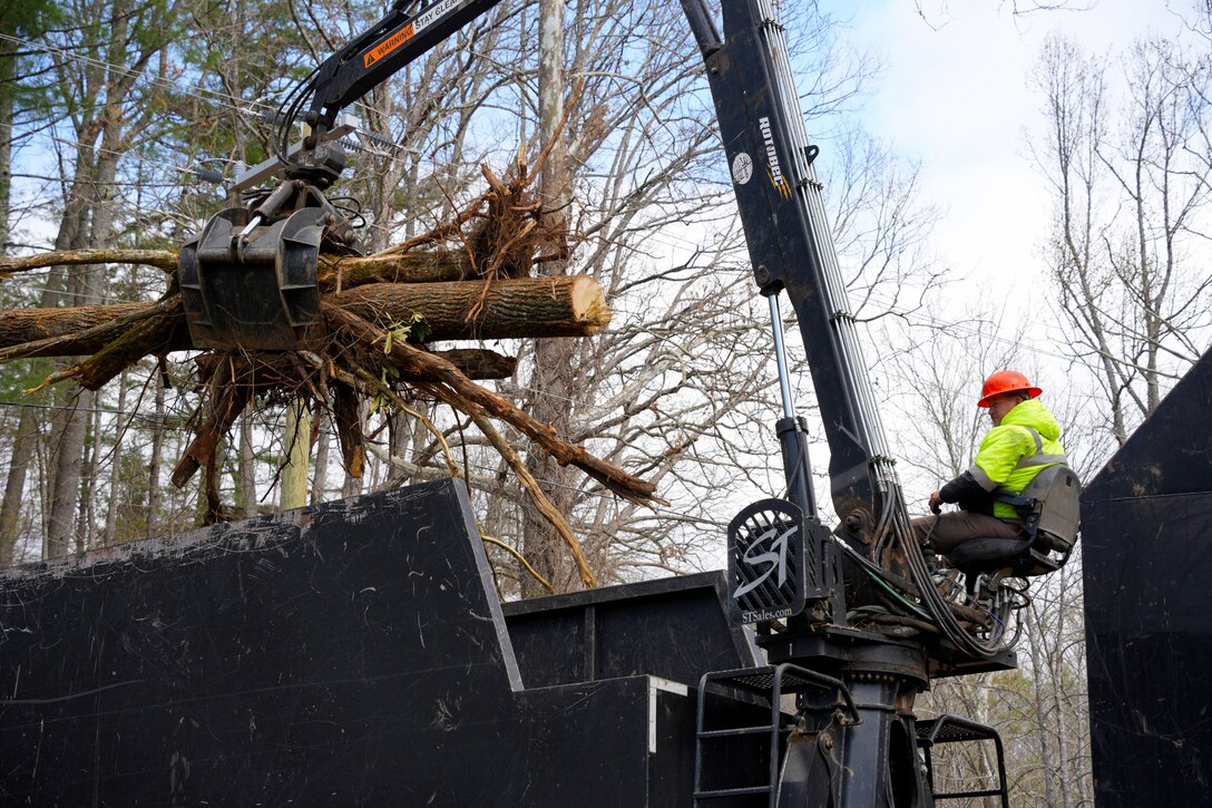 Contractors supporting the U.S. Army Corps of Engineers remove vegetative and manmade debris—including tires and other obstructions—from Bear Creek in Mitchell County, North Carolina, April 8, 2025. The debris removal effort is part of the ongoing Hurricane Helene recovery mission aimed at restoring natural water flow, reducing flood risk, and improving safety for local communities.