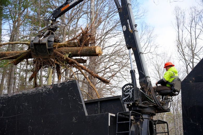 Contractors supporting the U.S. Army Corps of Engineers remove vegetative and manmade debris—including tires and other obstructions—from Bear Creek in Mitchell County, North Carolina, April 8, 2025. The debris removal effort is part of the ongoing Hurricane Helene recovery mission aimed at restoring natural water flow, reducing flood risk, and improving safety for local communities.