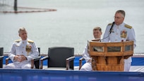 JOINT BASE PEARL HARBOR-HICKAM (April 11, 2025) – Rear Adm. Rick Seif, outgoing commander, Submarine Force, U.S. Pacific Fleet, delivers remarks during the COMSUBPAC change of command ceremony aboard the Virginia-class fast-attack submarine USS Montana (SSN 794), April 11, 2025. The Pacific Submarine Force provides strategic deterrence; anti-submarine warfare; anti-surface warfare; precision land strike; intelligence, surveillance, reconnaissance, and early warning; and special warfare capabilities around the globe. (U.S. Navy photo by Mass Communication Specialist 1st Class Scott Barnes)