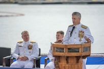 JOINT BASE PEARL HARBOR-HICKAM (April 11, 2025) – Adm. Steve Koehler, commander, U.S. Pacific Fleet, delivers remarks during the Commander, Submarine Force, U. S. Pacific Fleet change of command ceremony aboard the Virginia-class fast-attack submarine USS Montana (SSN 794), April 11, 2025. The Pacific Submarine Force provides strategic deterrence; anti-submarine warfare; anti-surface warfare; precision land strike; intelligence, surveillance, reconnaissance, and early warning; and special warfare capabilities around the globe. (U.S. Navy photo by Mass Communication Specialist 1st Class Scott Barnes)