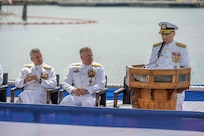 JOINT BASE PEARL HARBOR-HICKAM (April 11, 2025) – Rear Adm. Chris Cavanaugh, commander, Submarine Force, U.S. Pacific Fleet, delivers remarks during the COMSUBPAC change of command ceremony aboard the Virginia-class fast-attack submarine USS Montana (SSN 794), April 11, 2025. The Pacific Submarine Force provides strategic deterrence; anti-submarine warfare; anti-surface warfare; precision land strike; intelligence, surveillance, reconnaissance, and early warning; and special warfare capabilities around the globe. (U.S. Navy photo by Mass Communication Specialist 1st Class Scott Barnes)