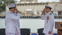 JOINT BASE PEARL HARBOR-HICKAM (April 11, 2025) – Rear Adm. Rick Seif, left, outgoing commander, Submarine Force, U.S. Pacific Fleet, is relieved by Rear Adm. Chris Cavanaugh, incoming commander, during the COMSUBPAC change of command ceremony aboard the Virginia-class fast-attack submarine USS Montana (SSN 794), April 11, 2025. The Pacific Submarine Force provides strategic deterrence; anti-submarine warfare; anti-surface warfare; precision land strike; intelligence, surveillance, reconnaissance, and early warning; and special warfare capabilities around the globe. (U.S. Navy photo by Mass Communication Specialist 1st Class Scott Barnes)