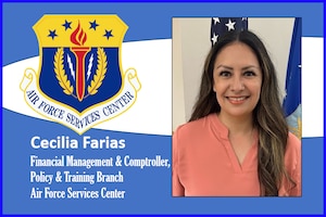 AFIMSC Mission Monday graphic with official photo of Cecilia Farias with AFSVC shield.