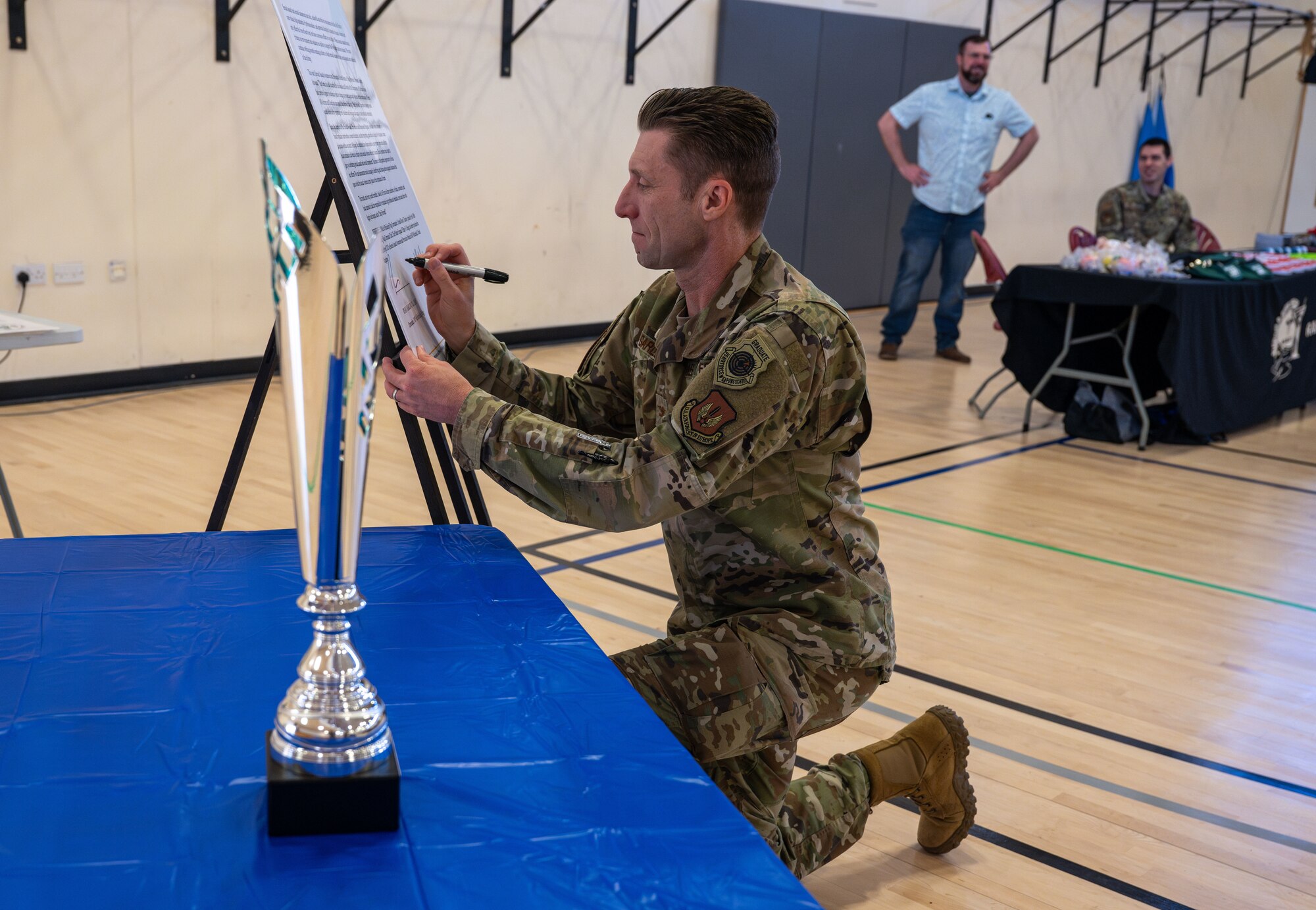 U.S. Air Force Col. Ryan Garlow, 100th Air Refueling Wing commander, signs the Sexual Assault Prevention and Response proclamation at RAF Mildenhall, England, April 11, 2025.