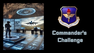 futuristic picture of airman controlling aircraft in command center on black background with "Commander's Challenge" text and AETC shield
