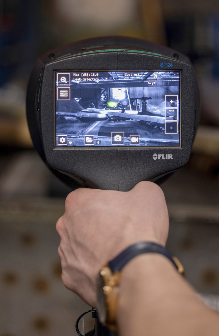 Air leaks appear as color patches on the ultrasonic leak imaging tool display screen during testing at Puget Sound Naval Shipyard & Intermediate Maintenance Facility in Bremerton, Washington. (U.S. Navy photo by Wendy Hallmark)