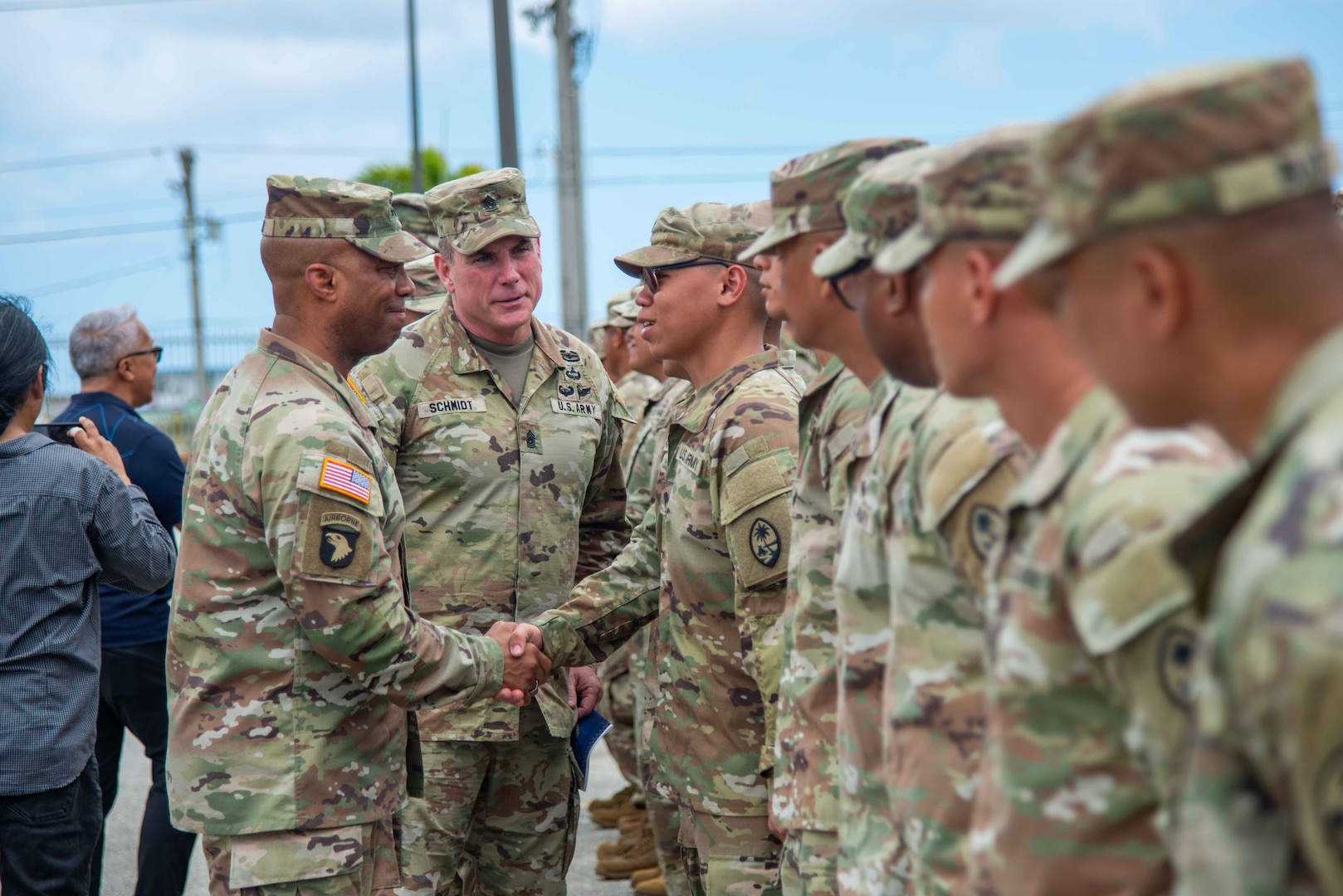 U.S. Army Pacific Commander Gen. Ronald Clark meets with Soldiers from B Company, 1st Battalion, 294th Infantry Regiment of the Guam Army National Guard, or Team Binadu, following a unit awards ceremony recognizing the team winning the Alexander Hamilton Award at Guam National Guard Barrigada Readiness Center, April 12.