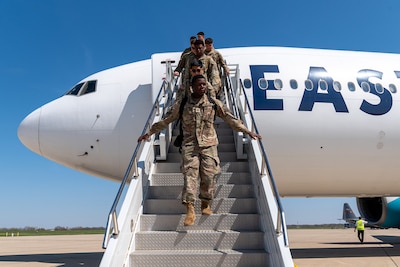 Soldiers with the Illinois Army National Guard’s 1-178th Infantry Regiment and Company B, 766th Brigade Engineer Battalion return to Peoria from deployment to the U.S. Central Command area of responsibility, April 12, 2025.