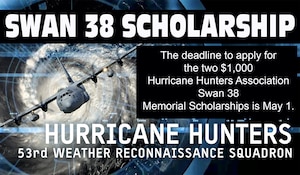 C-130J graphic highlighting Swan 38 scholarship deadline of May 1, 2025.
