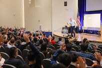 Two-time USA Memory Champion Ron White showcases his mnemonic talent for students attending the 14th annual Carderock Math Contest on Friday, April 4, 2025, in West Bethesda, Maryland.