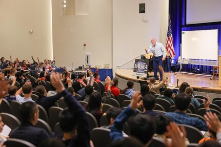 Two-time USA Memory Champion Ron White showcases his mnemonic talent for students attending the 14th annual Carderock Math Contest on Friday, April 4, 2025, in West Bethesda, Maryland.
