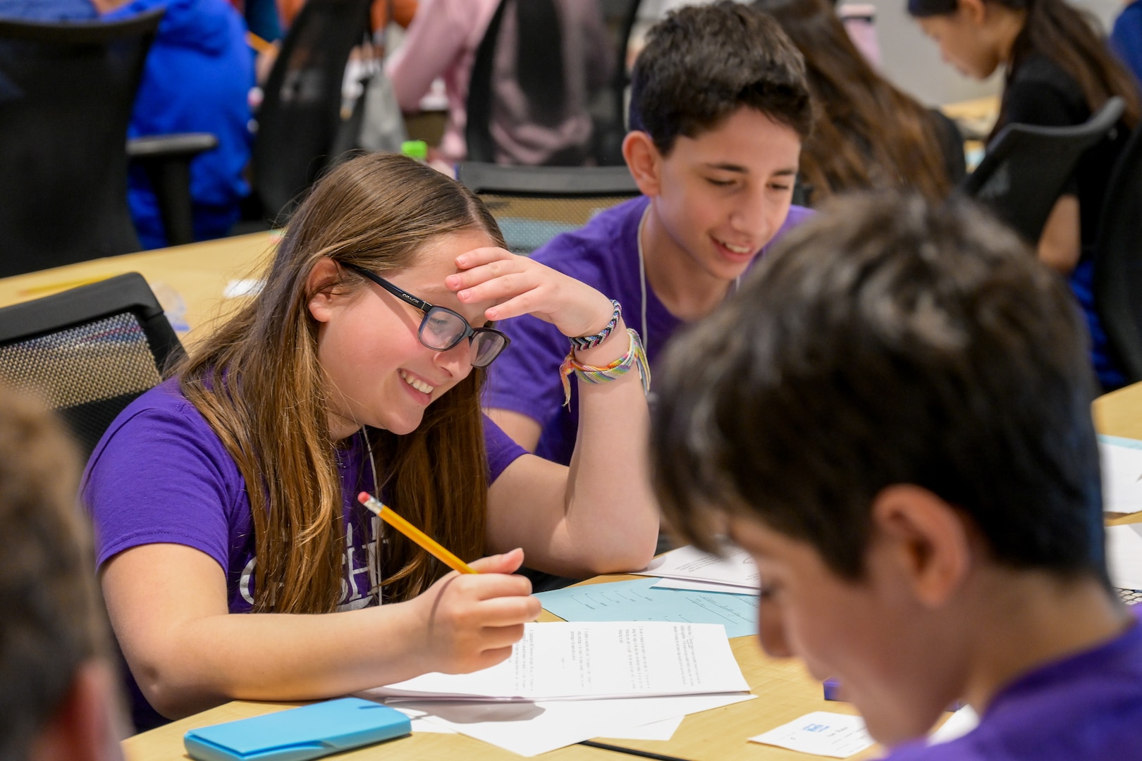 Students work together to solve stimulating math equations in hopes of taking home the team award at the Carderock Math Contest (CMC), held at Naval Surface Warfare Center, Carderock Division on April 4, 2025 in West Bethesda, Md.