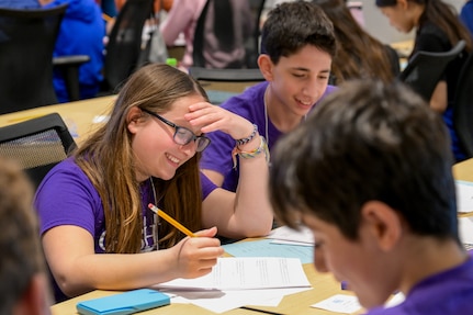 Students work together to solve stimulating math equations in hopes of taking home the team award at the Carderock Math Contest (CMC), held at Naval Surface Warfare Center, Carderock Division on April 4, 2025 in West Bethesda, Md.