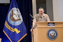Naval Surface Warfare Center, Carderock Division’s Commanding Officer Capt. Chris Matassa shares encouraging words with an audience of over 180 excited middle schoolers at the annual Carderock Math Contest (CMC) on Friday April 4, 2025 at Naval Surface Warfare Center, Carderock Division in West Bethesda, Md.