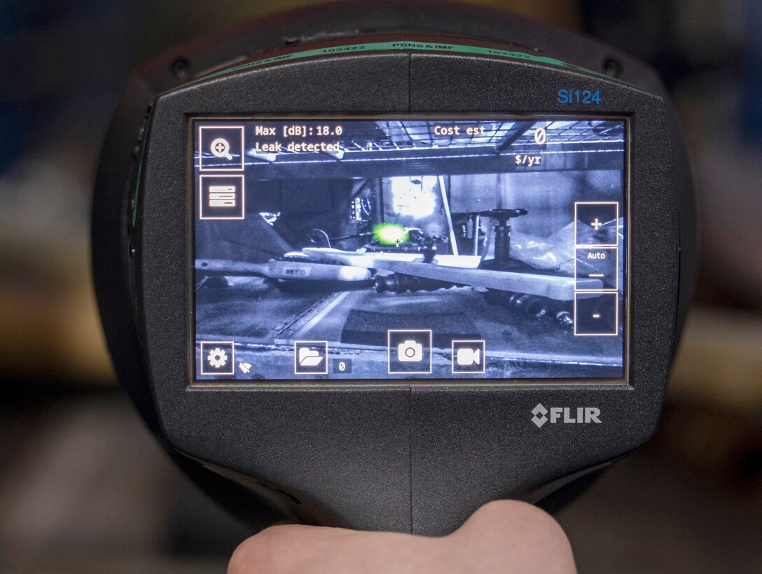 Air leaks appear as color patches on the ultrasonic leak imaging tool display screen during testing at Puget Sound Naval Shipyard & Intermediate Maintenance Facility in Bremerton, Washington. (U.S. Navy photo by Wendy Hallmark)