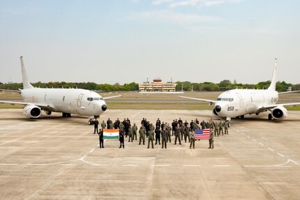 A detachment from the U.S. Navy’s Patrol Squadron (VP) 8 poses in front of their P-8A Poseidon alongside members of Indian Naval Air Squadron (INAS) 312 and their P-8I at Indian Naval Station (INS) Rajali in Tamil Nadu, India, during Exercise Tiger Triumph 2025, April 12.