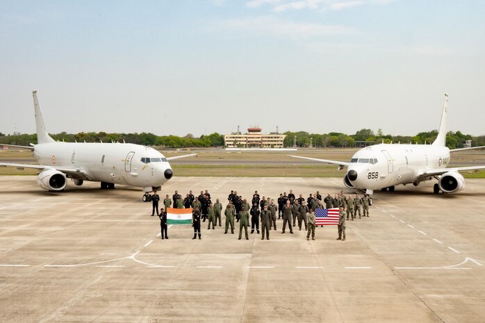 A detachment from the U.S. Navy’s Patrol Squadron (VP) 8 poses in front of their P-8A Poseidon alongside members of Indian Naval Air Squadron (INAS) 312 and their P-8I at Indian Naval Station (INS) Rajali in Tamil Nadu, India, during Exercise Tiger Triumph 2025, April 12.