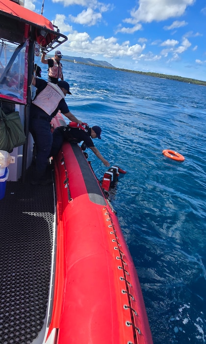 Maritime law enforcement and emergency responders from the Guam Port Authority and Guam Fire Department conduct training in Apra Harbor, Guam, as part of the NASBLA Boat Crew Member Course on March 27, 2025.