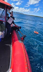 Maritime law enforcement and emergency responders from the Guam Port Authority and Guam Fire Department conduct training in Apra Harbor, Guam, as part of the NASBLA Boat Crew Member Course on March 27, 2025.