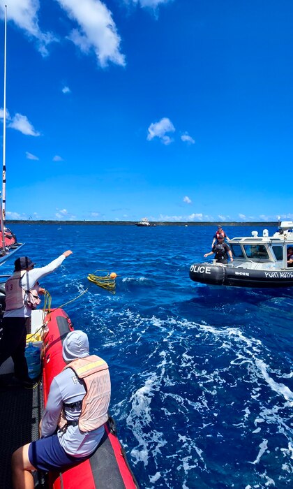 Maritime law enforcement and emergency responders from the Guam Port Authority and Guam Fire Department conduct training in Apra Harbor, Guam, as part of the NASBLA Boat Crew Member Course on March 26, 2025.