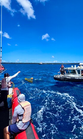 Maritime law enforcement and emergency responders from the Guam Port Authority and Guam Fire Department conduct training in Apra Harbor, Guam, as part of the NASBLA Boat Crew Member Course on March 26, 2025.