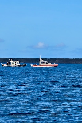 Maritime law enforcement and emergency responders from the Guam Port Authority and Guam Fire Department conduct training in Apra Harbor, Guam, as part of the NASBLA Boat Crew Member Course on March 27, 2025.