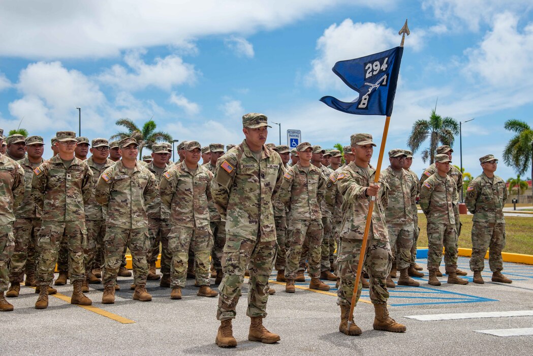 Soldiers with B Company, 1st Battalion, 294th Infantry Regiment from the Guam Army National Guard, or Team Binadu, stand in formation during the opening of a unit awards ceremony at Guam National Guard Barrigada Readiness Center, April 12.