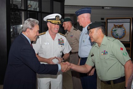 Adm. Samuel J. Paparo, commander of U.S. Indo-Pacific Command, introduces New Zealand Deputy Prime Minister Winston Peters to New Zealand Army WO1 Stephen Rupapere, Deputy Senior Enlisted Leader at USINDOPACOM headquarters, Camp H.M. Smith, Honolulu, April 14, 2025.