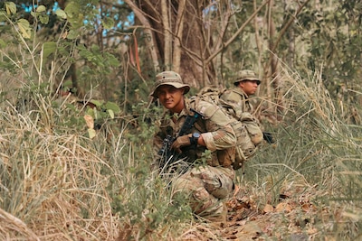 Philippine Army Soldiers with the First Squat Regiment and U.S. Army Soldiers assigned to 1st Battalion, 21st Infantry Regiment, 2nd Light Brigade Combat Team, 25th Infantry Division, conducted a jungle tracking course during Salaknib 2025, Fort Magsaysay, Philippines, April 9, 2025.