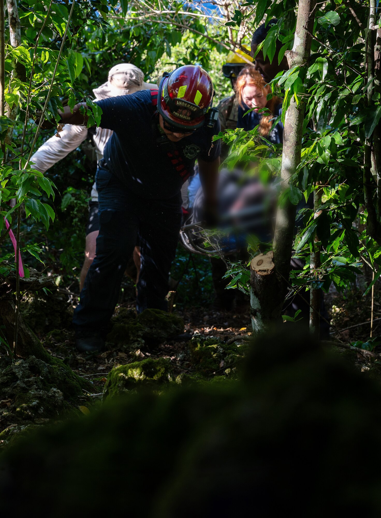 Andersen Air Force Base Fire Department firefighters and 36th Medical Group paramedics carry an injured hiker through the jungle on Andersen AFB, Guam, April 11, 2025. First responders received the call from a group of hikers after explaining the situation where one of their members was unable to complete the trek back up the steep angled cliff. With teamwork and determination, the first responders were able to transport the hiker back to civilization and into the ambulance. (U.S. Air Force photo by Staff Sgt. Pedro Tenorio)