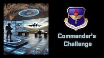 futuristic picture of airman controlling aircraft in command center on black background with "Commander's Challenge" text and AETC shield