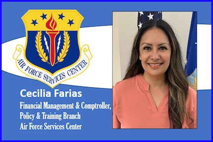 AFIMSC Mission Monday graphic with official photo of Cecilia Farias with AFSVC shield.