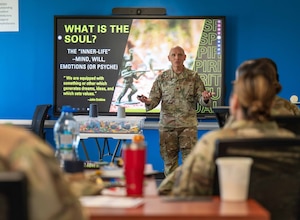 U.S. Air Force Maj. Thomas West, Chaplains Corps College staff chaplain, instructs a class of Religious Affairs Airmen on Spiritual Fitness at Maxwell Air Force Base, April 9, 2025