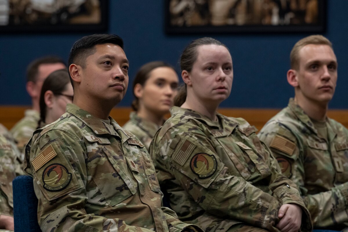 Attendees listen to U.S. Air Force Lt. General Stephen Jost, U.S. Forces Japan and Fifth Air Force commander, speak during a mentorship briefing.