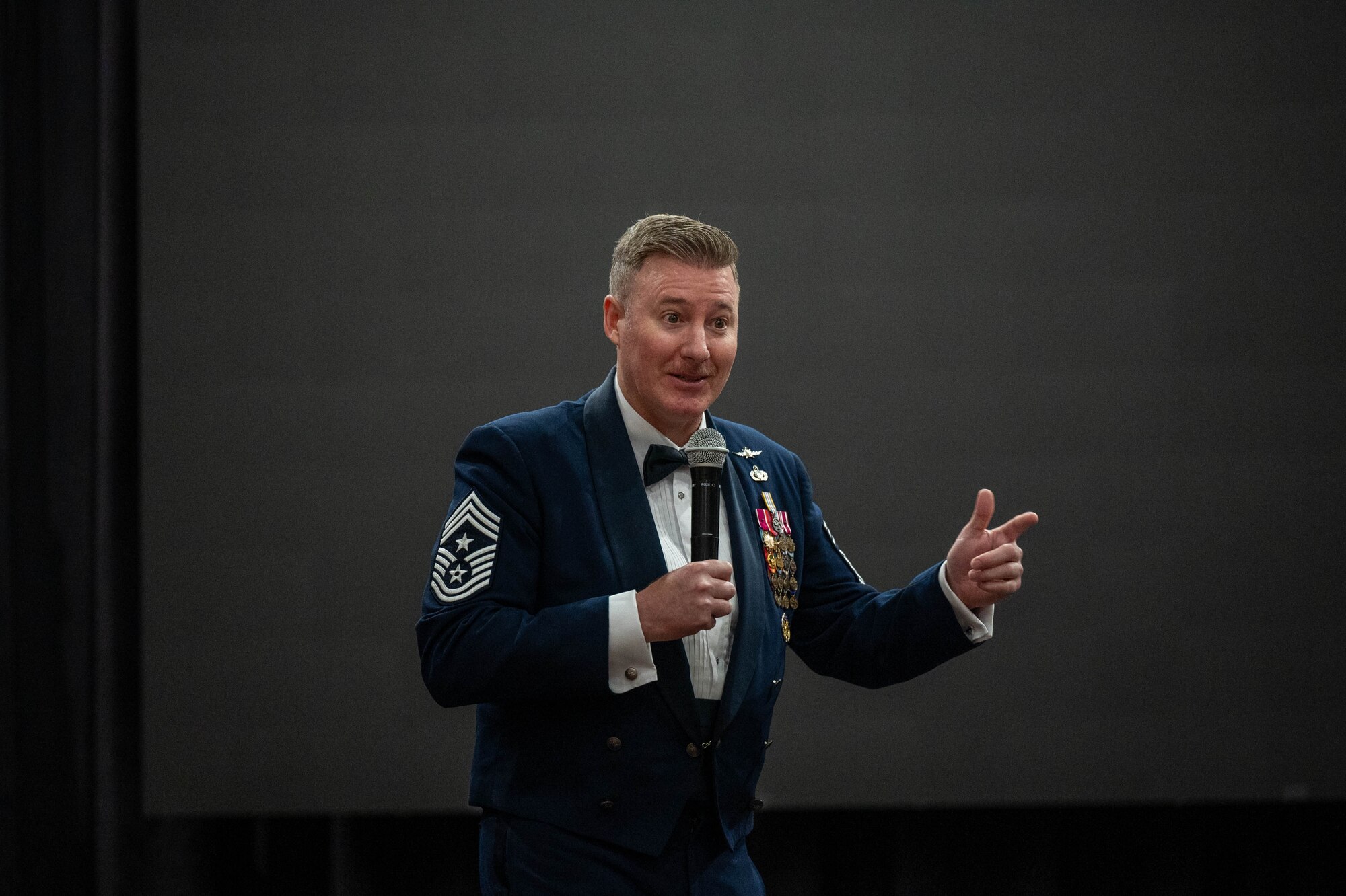 U.S. Air Force Chief Master Sgt. Jeremiah Ross, Seventh Air Force command chief, provides remarks during the 2025 Chief Recognition Ceremony at Osan Air Base, Republic of Korea, April 11, 2025. Ross had served in the Air Force for 26 years and was the guest speaker for the ceremony. (U.S. Air Force photo by Staff Sgt. Christopher Tam)