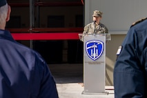 NAVAL SUPPORT ACTIVITY SOUDA BAY, Greece (April 3, 2025) Lt. Katelyn Pekala, director, facilities engineering and acquisition division, Naval Facilities Engineering Systems Command, Navy Region Europe, Africa, Central, Public Works Department, speaks during a ribbon cutting ceremony for the P144 Marathi Logistics Support Center at the NATO Marathi Pier Complex, Souda Bay, Greece, on April 3, 2025. NSA Souda Bay is an operational ashore installation that enables and supports U.S., Allied, Coalition, and partner nation forces to preserve security and stability in the European, African, and Central Command areas of responsibility. (U.S. Navy photo by Mass Communication Specialist 2nd Class Andrew Eder)