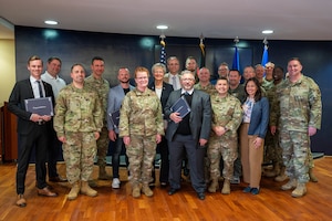 The 86th Airlift Wing leadership team and local community leaders receive recognition during the 86th AW Honorary Commander Ceremony on Ramstein Air Base, Germany, April. 8, 2025. Honorary commanders program candidates are distinguished civilian leaders from the local community, such as business owners, community organizers, and public officials, selected for their commitment to the region and their potential to make meaningful contributions to the program.