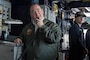 The Secretary of the Navy, the Hon. John C. Phelan, gives a speech over the pilot house 1MC to the crew of the world’s largest aircraft carrier, USS Gerald R. Ford (CVN 78), April 11, 2025.