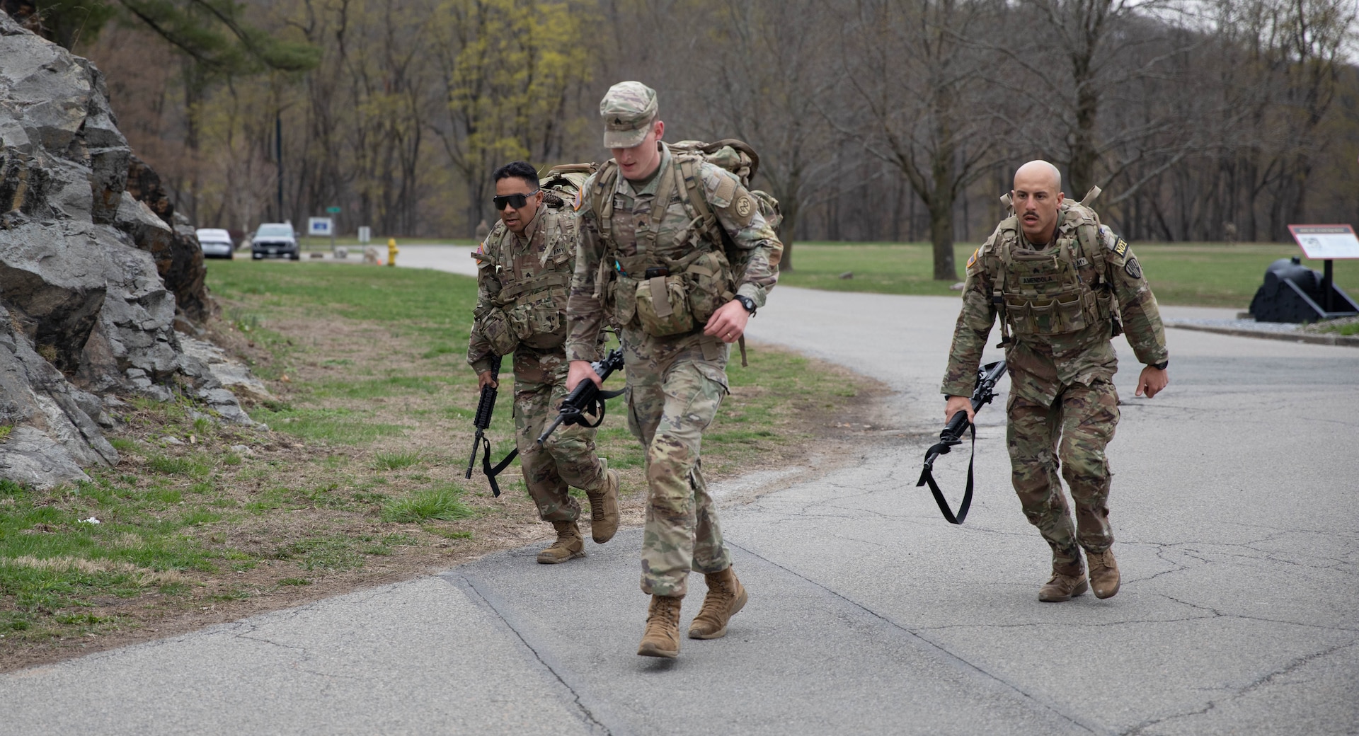 New York Army National Guard Soldiers take on the 12-mile ruck march to test endurance and resilience during the 2025 State Best Warrior Competition at Camp Smith Training Site, near Peekskill, N.Y., April 5, 2025.