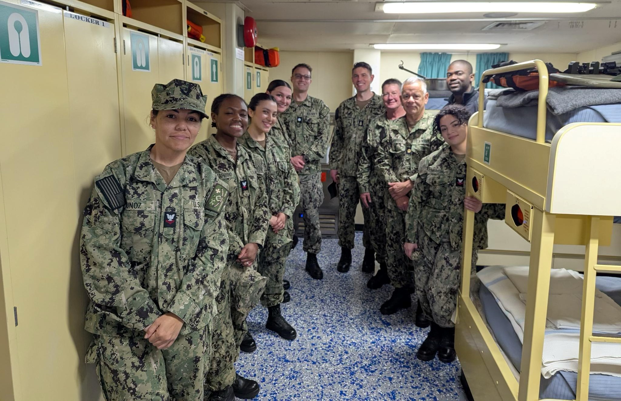Eleven U.S. Navy medical reservists assigned to hospital ship USNS Comfort (T-AH 20) visited Military Sealift Command’s fleet replenishment oiler USNS Joshua Humphreys (T-AO 188) at Naval Station Norfolk, Apr. 3, for a tour and lunch, offering a unique maritime experience for the entire team.
