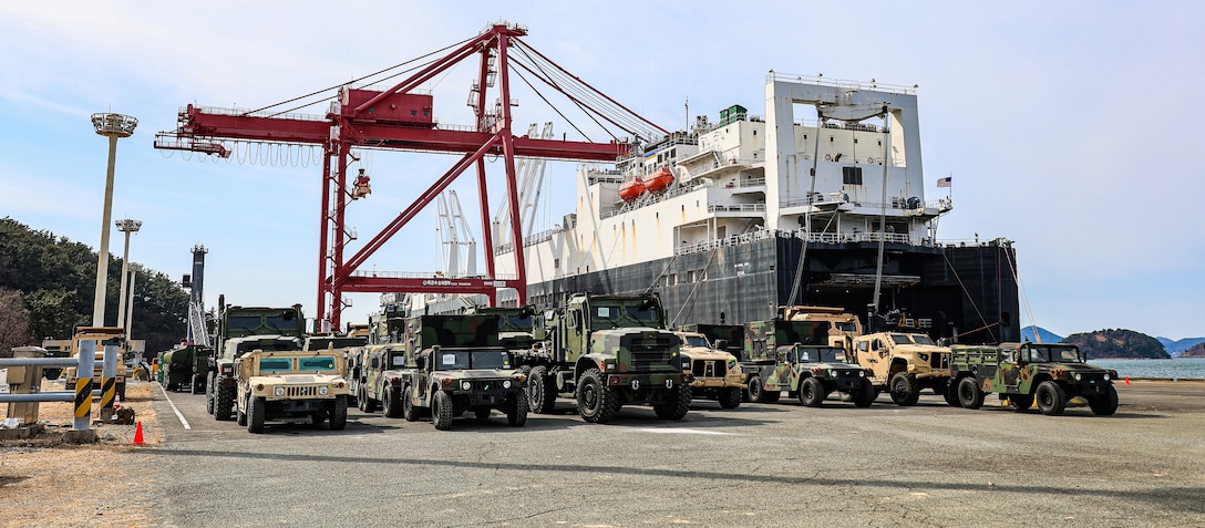 U.S. Marine Corps Maritime Prepositioning Force assets from the United States Naval Ship Dahl (T-AKR 312) are staged after a pier-side offload Feb. 21, 2025, during Freedom Banner 25 at the Chinhae Naval Ammunition Pier, Republic of Korea Naval Base Chinhae, South Korea.