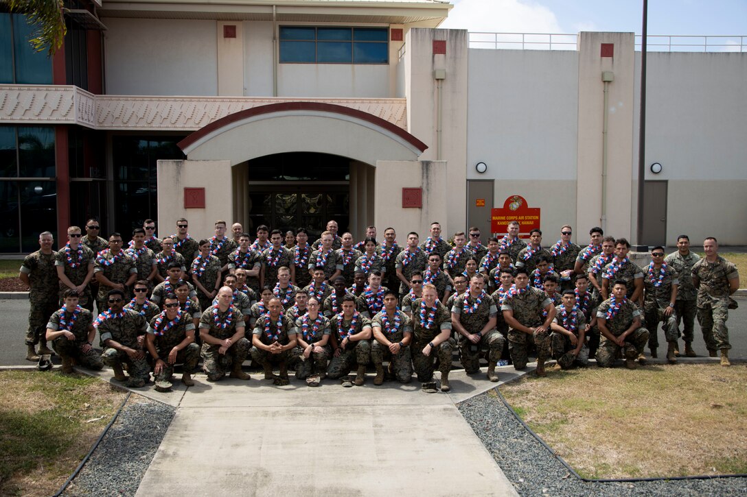 U.S. Marines with Marine Aviation Logistics Squadron (MALS) 24, Marine Aircraft Group (MAG) 24, 1st Marine Aircraft Wing (MAW) and MALS-41, MAG-41, 4th MAW pose for a group photo at the start of exercise Fortified Warrior at Marine Corps Base Hawaii, July 10, 2024. Fortified Warrior integrated MALS-41 and MALS-49, MAG-49, 4th MAW into MALS-24 operations to bolster intermediate level aviation logistics and maintenance capabilities during a period of high operational tempo. (U.S. Marine Corps photo by Cpl. Joseph Abreu)