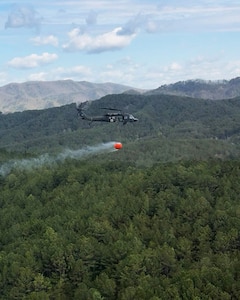 A UH-60 Black Hawk helicopter from Knoxville’s 1-230th Assault Helicopter Battalion delivers water with a Helicopter Bucket to fight a wildfire near Turtletown, in Polk County, April 15.