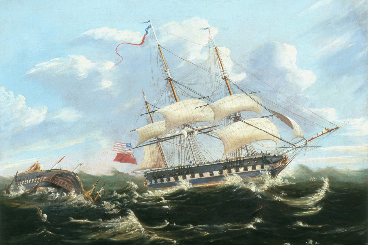 A painting depicts a ship sailing away from a sinking ship on rough seas.
