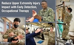 Collage of four images of uniformed physical therapists helping patients complete upper body exercises.
