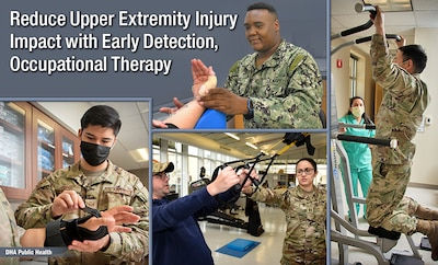 Collage of four images of uniformed physical therapists helping patients complete upper body exercises.