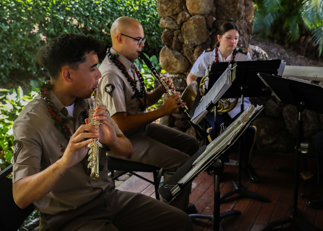 Members of the 25th Infantry Division Band perform live music during the Congressional Medal of Honor ceremony honoring Cpt. Francis Brown Wai at Punahou School, April 14, 2025. The ceremony recognized Wai’s extraordinary heroism and celebrated his enduring legacy as a symbol of courage and sacrifice.