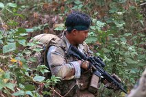 Philippine Army Soldiers with the First Squat Regiment and U.S. Army Soldiers assigned to 1st Battalion, 21st Infantry Regiment, 2nd Light Brigade Combat Team, 25th Infantry Division, conducted a jungle tracking course during Salaknib 2025, Fort Magsaysay, Philippines, April 9, 2025.